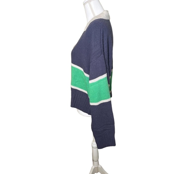New Spiritual Gangster Womens XL Navy Green Stripe Cropped V-Neck Sweater - Picture 3 of 6